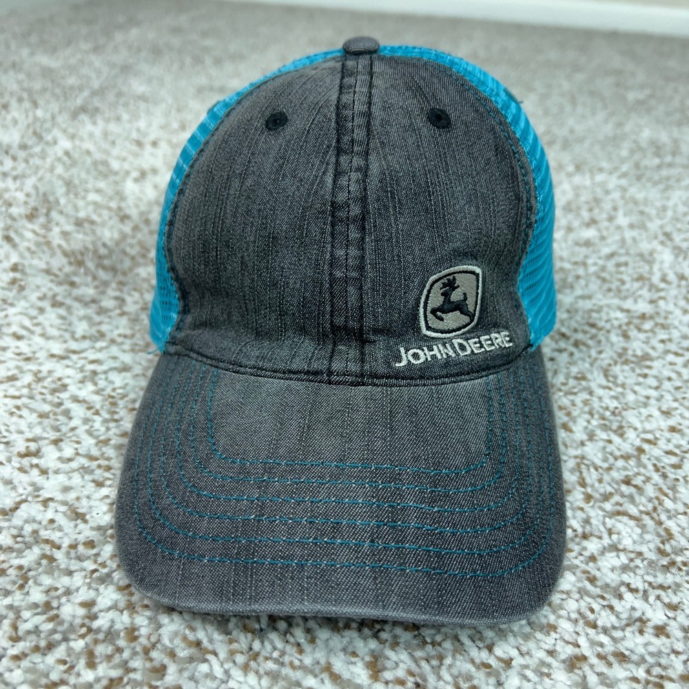 John Deere Hat Mens One Size Blue Gray Trucker Mesh Snapback Logo Cap Farming